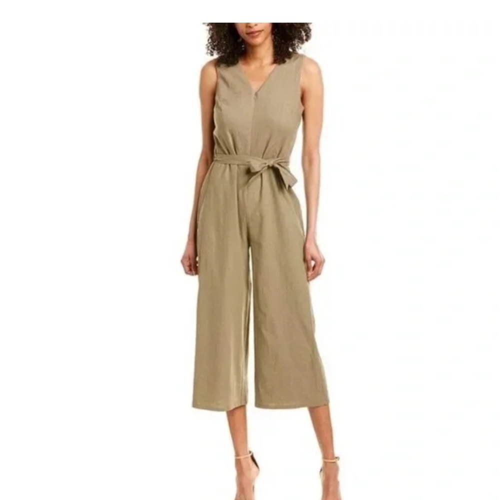 T Tahari Khaki Sleeveless Jumpsuit Sz 14 Minimalist Coastal Vacation Resort Wear